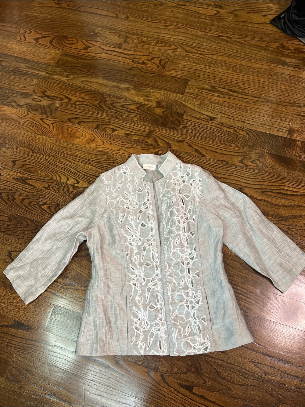 Chico's Silver-Gray Lace Front Open Jacket - Picture 6 of 14